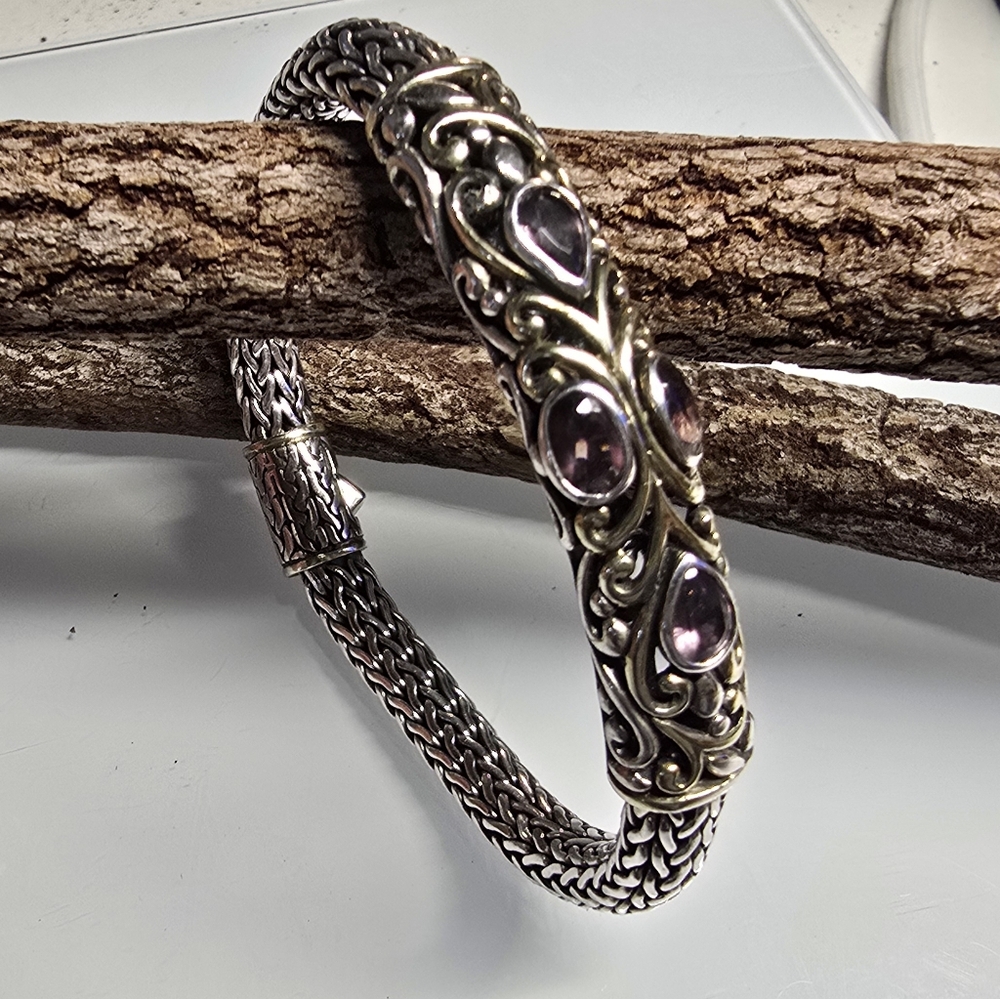 Samuel B. Behnam Sterling Silver and 18K Gold and Amethyst Bracelet. 7.5" - Picture 3 of 9